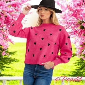 SUGAR LIPS Fuchsia and black embroidered heart sweater XS S M L